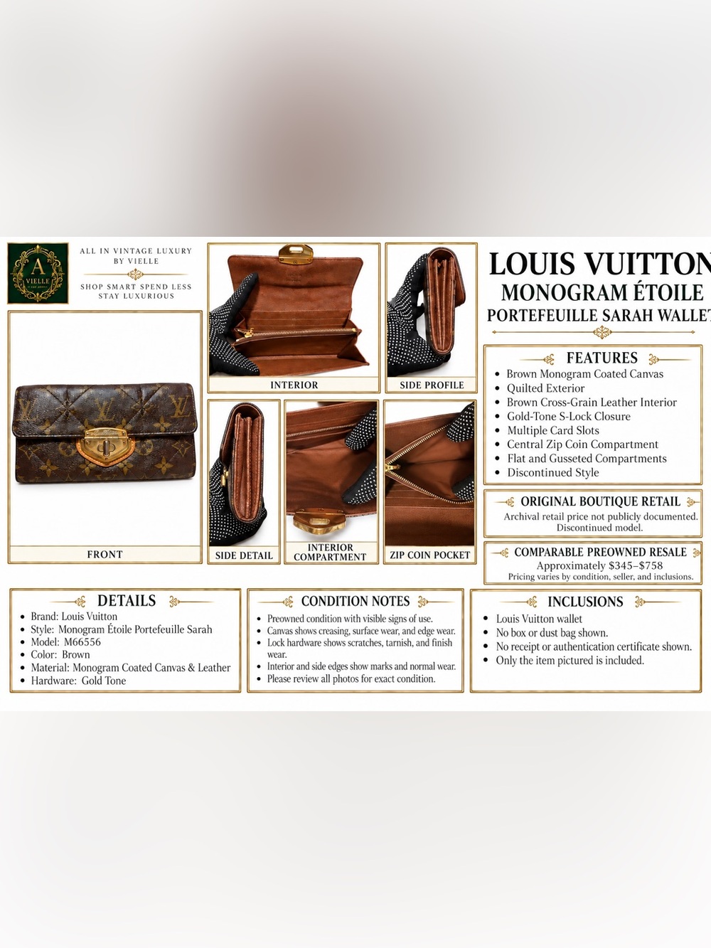 Louis Vuitton Monogram Étoile Sarah Wallet M66556 Quilted Canvas Gold Turn-Lock